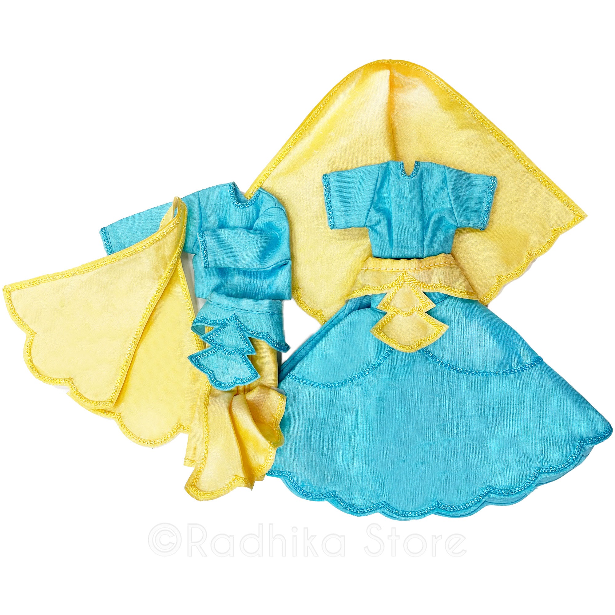 Blissful Moonbeam - Blue, Yellow Silk - Radha Krishna Deity Outfit