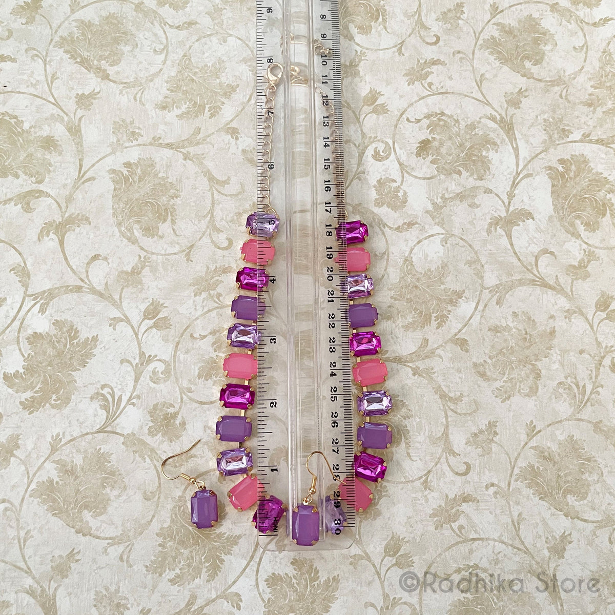 Emerald Cut-Reds and PUrple Color Crystals-Rhinestone Deity Necklace - And Earring Set