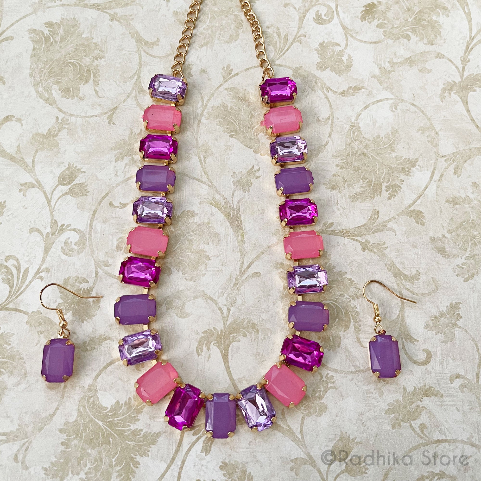 Emerald Cut Pinks and Purples - Rhinestone Deity Necklace - And Earring Set