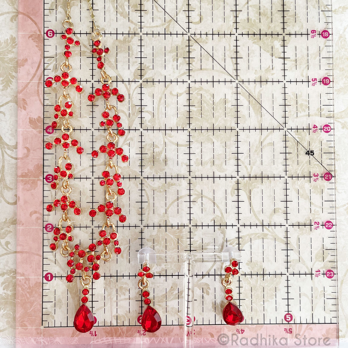 Ruby Dew Drops-Rhinestone Deity Necklace And Earring Set