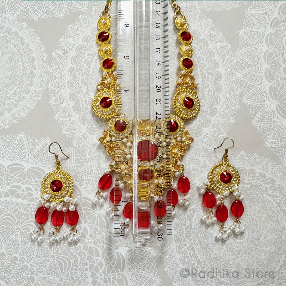 Vedic Style With Vrindavan Flowers-Gold With Red Crystals and Pearls-Necklace And Earring Set