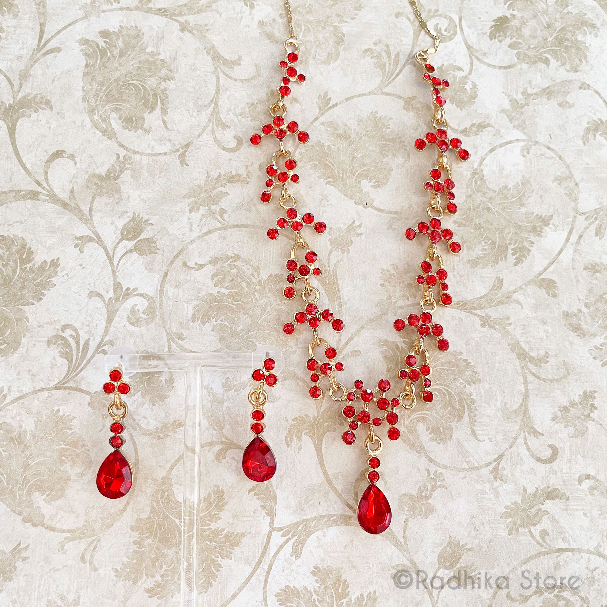 Ruby Dew Drops-Rhinestone Deity Necklace And Earring Set