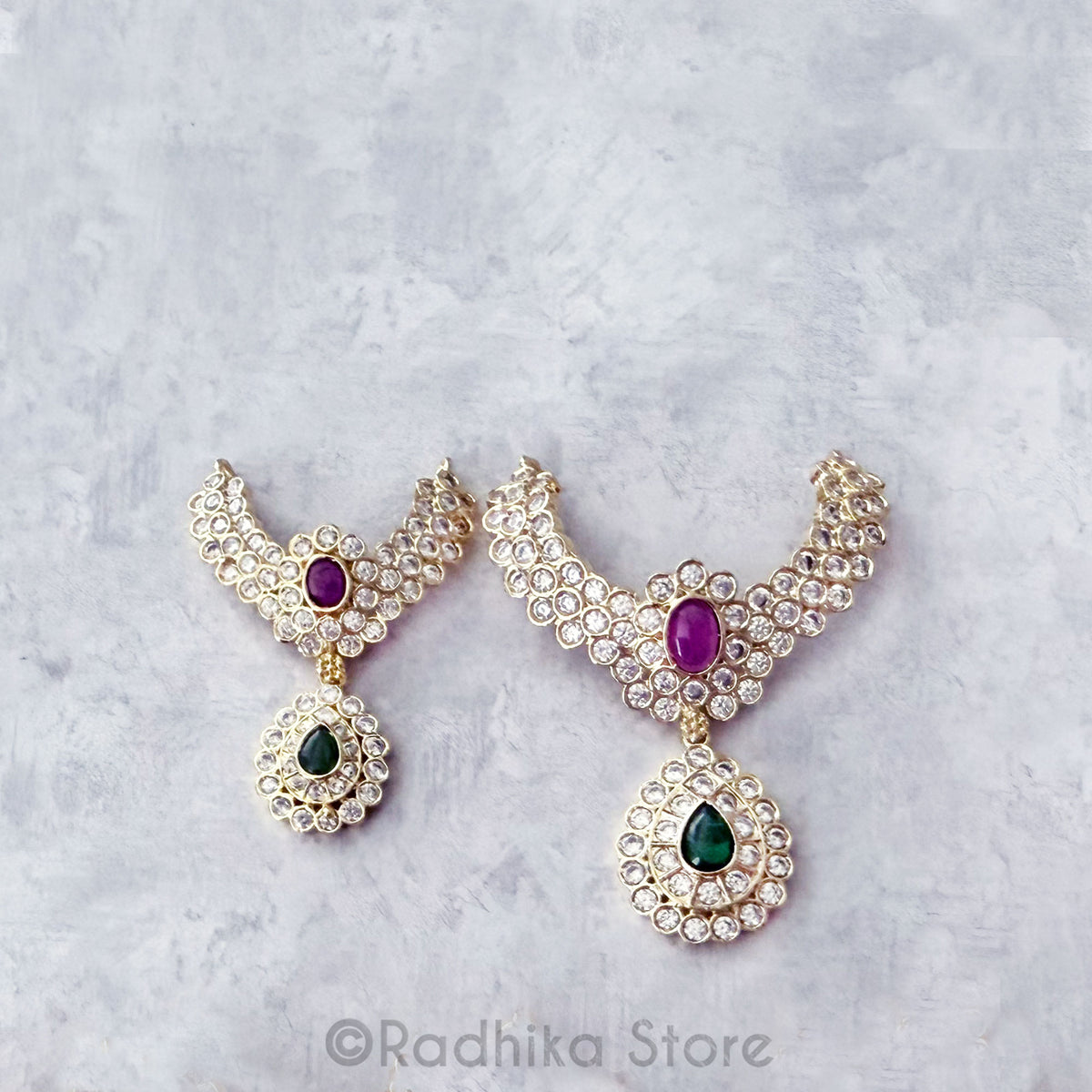 Diamond Teardrop With Ruby and Emerald - Collar - Deity Necklace
