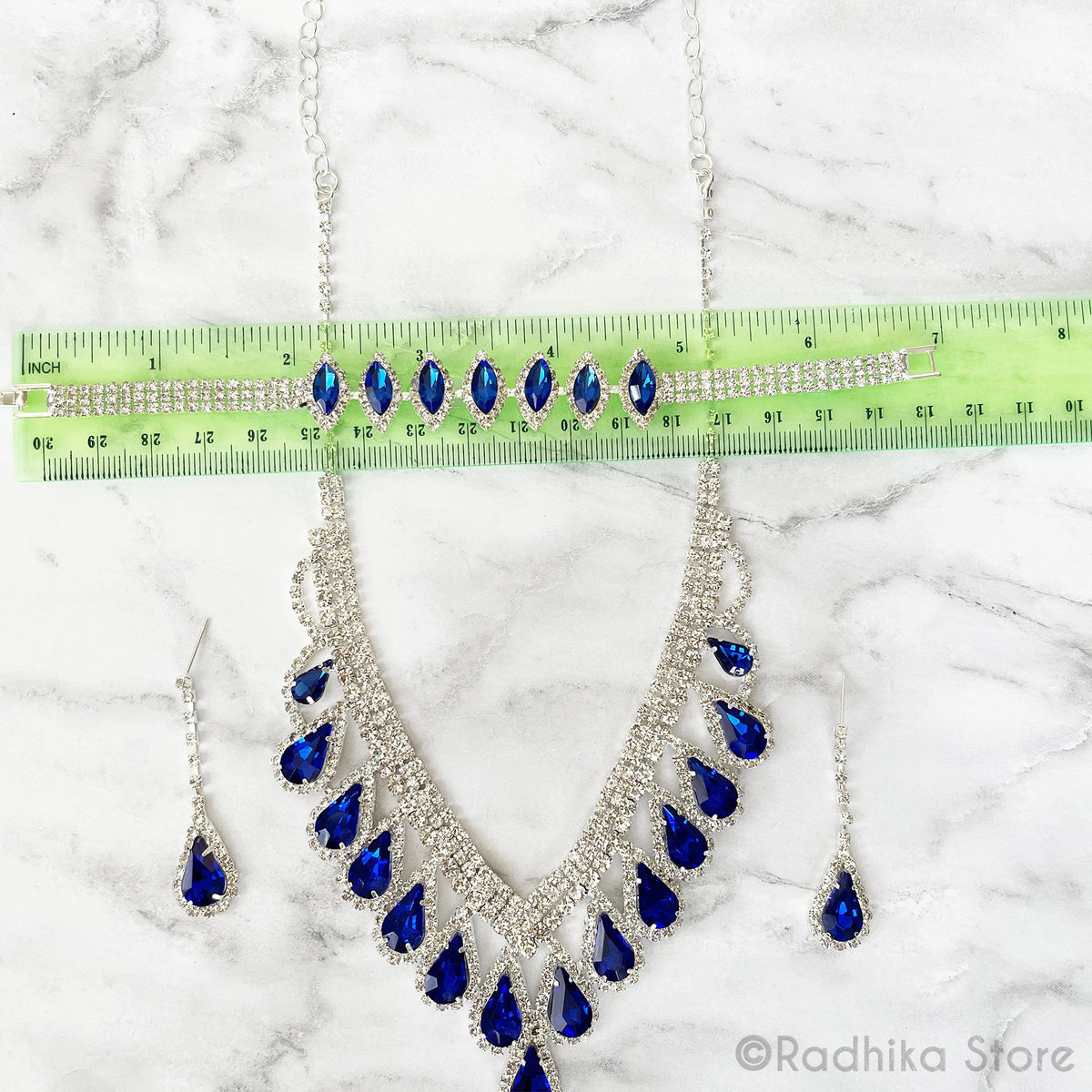 Teardrop-Deity Necklace And Earring Set With Marquise Bangle- Sapphire Blue