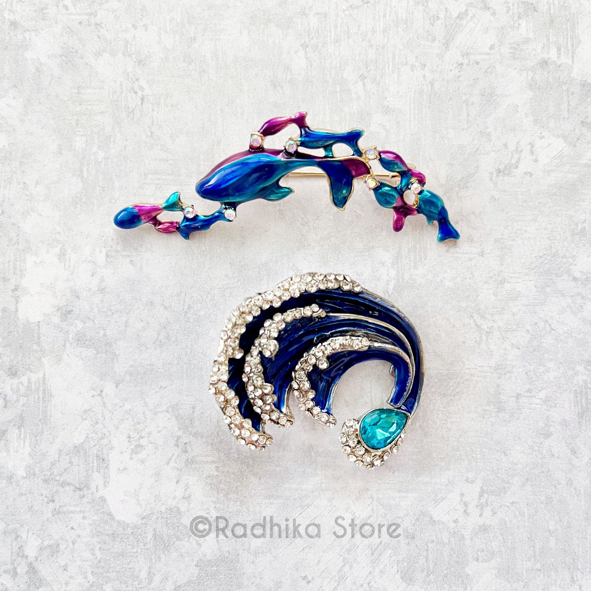 Ocean Fishes and Jeweled Wave - Pendants-(Pins)