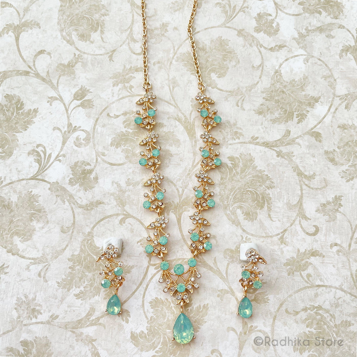 Vrindavan Dew Drops-Rhinestone Deity Necklace And Earring Set- Sea Green