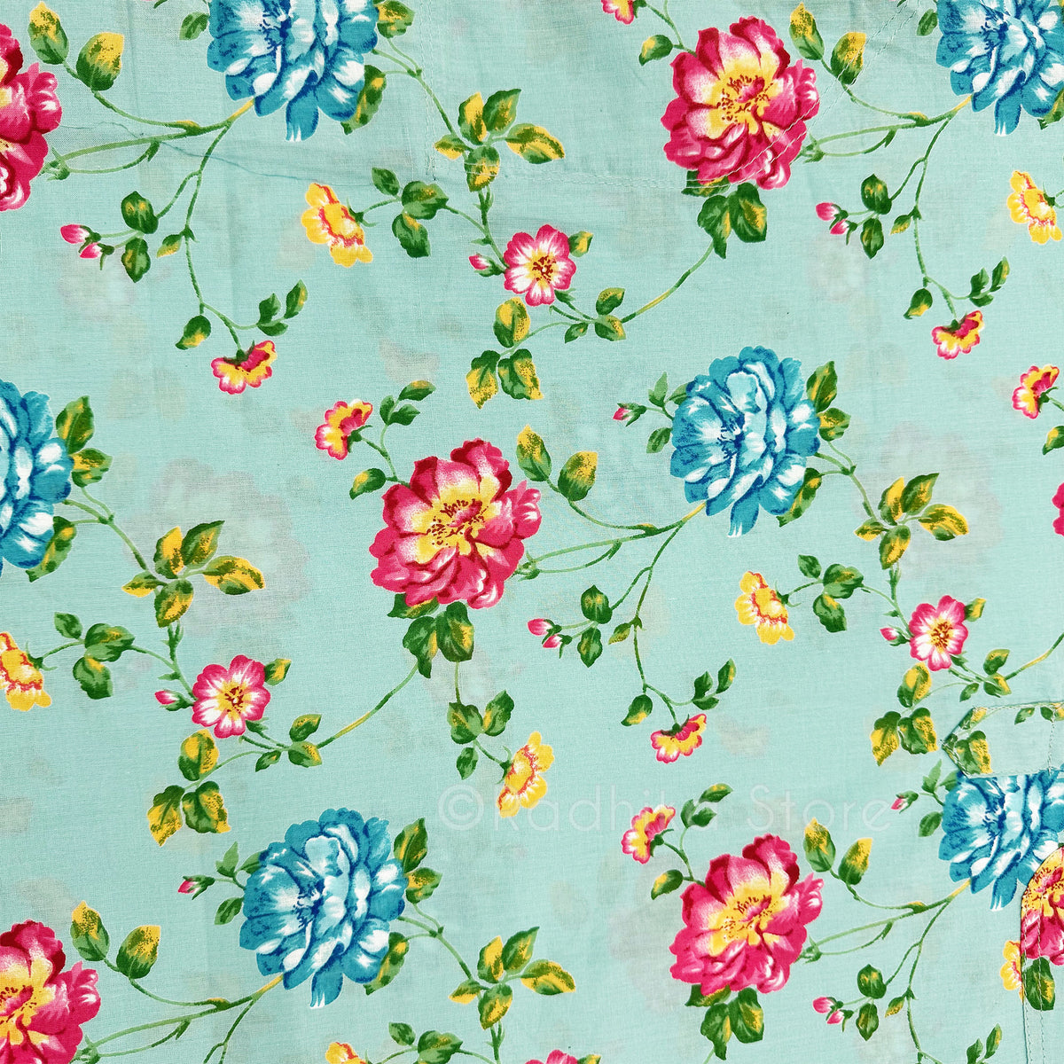 Sea Green With Flowers -  Cotton Kurtas - S-M-L