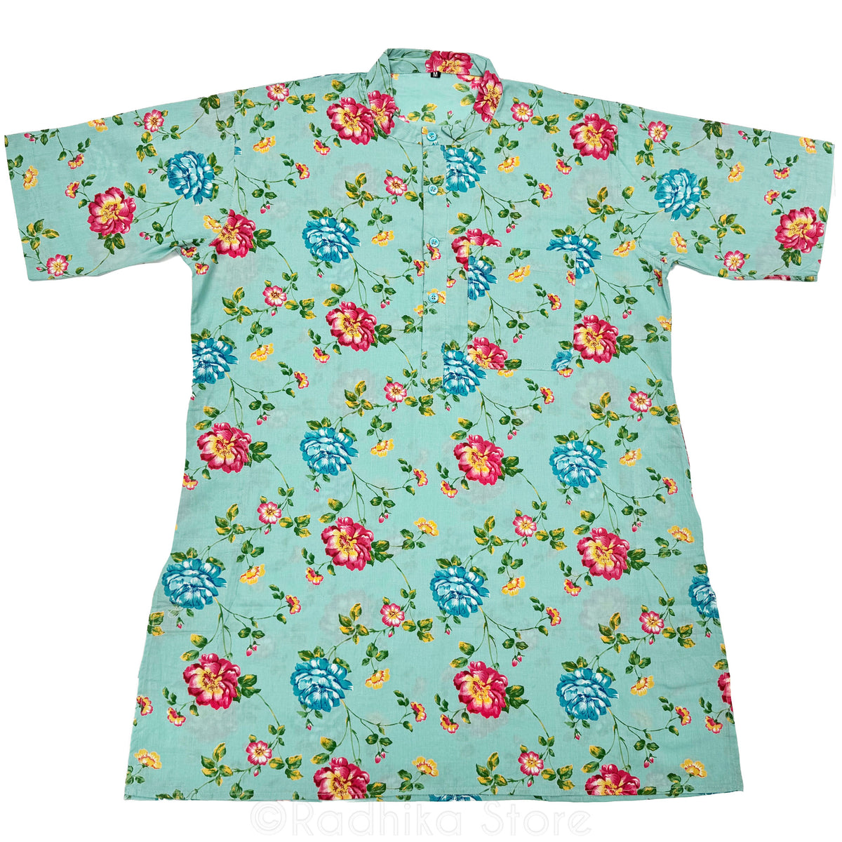 Sea Green With Flowers -  Cotton Kurtas - S-M-L