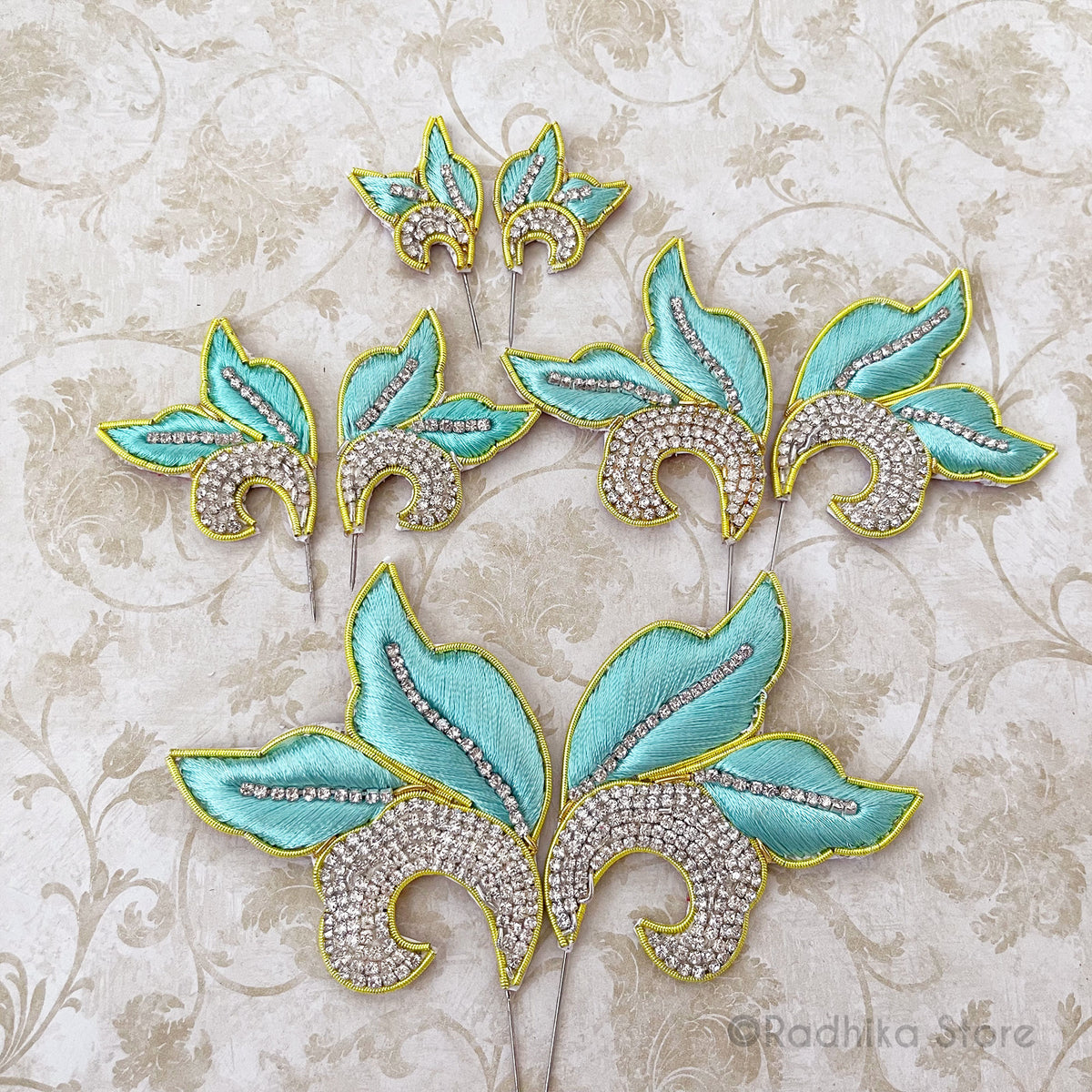 Sea Green With Gold Embroidery Turban Pins - Leaf Curls - Set of 2