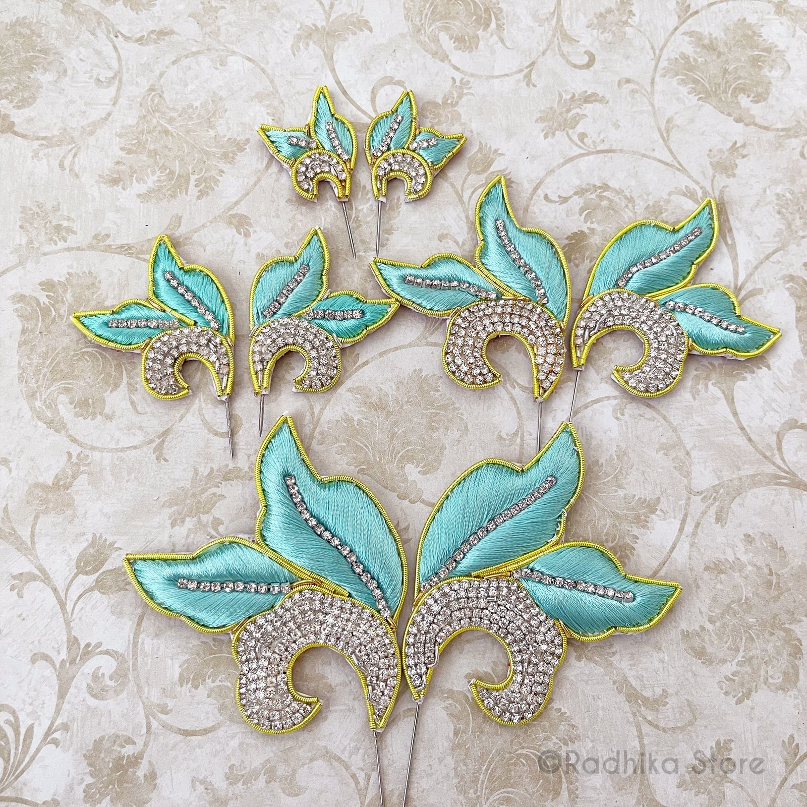 Sea Green With Gold Embroidery Turban Pins - Leaf Curls - Set of 2