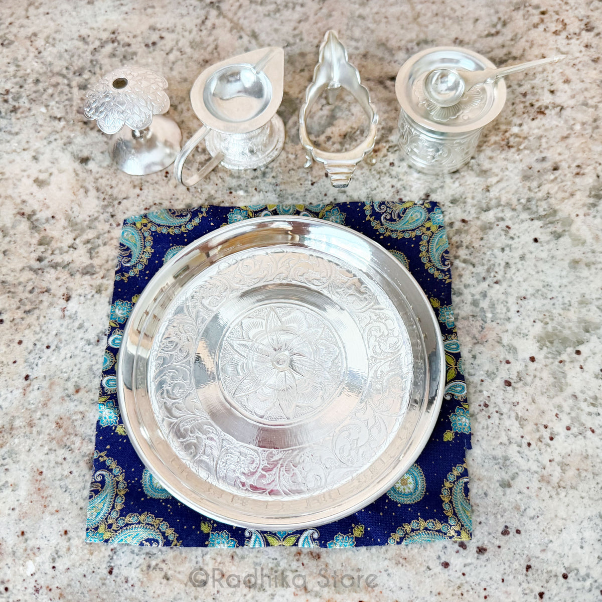 Exquisite Silver Arati Tray Complete Set - 5" Inch Mini Set