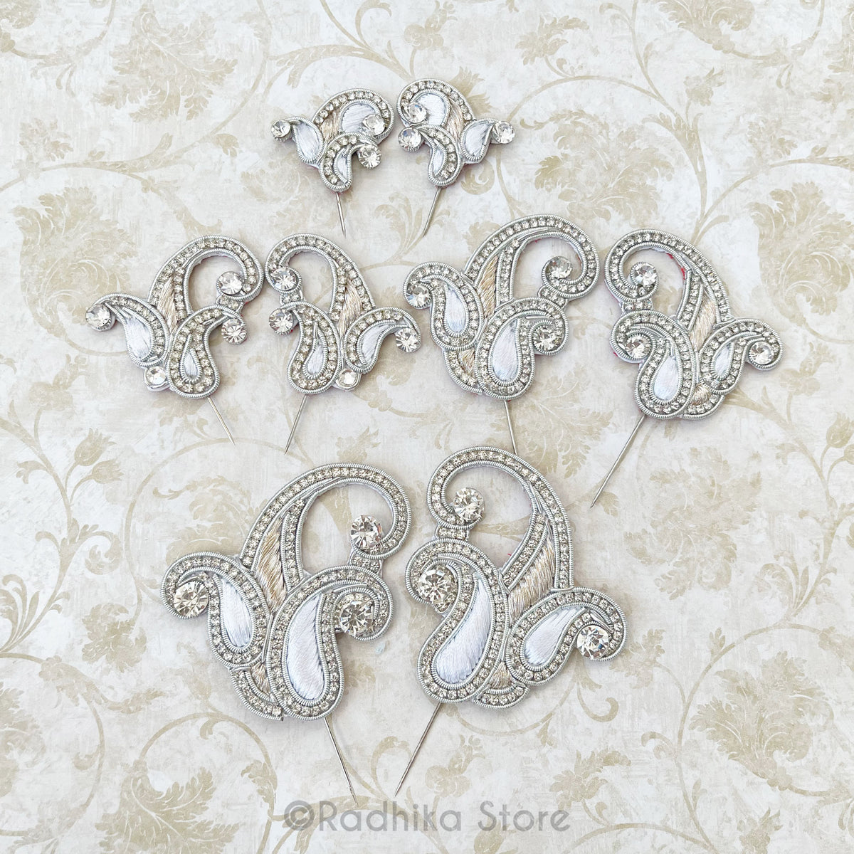 Silver Embroidery Turban Pins - Vrindavan Chandrikas - Set of 2