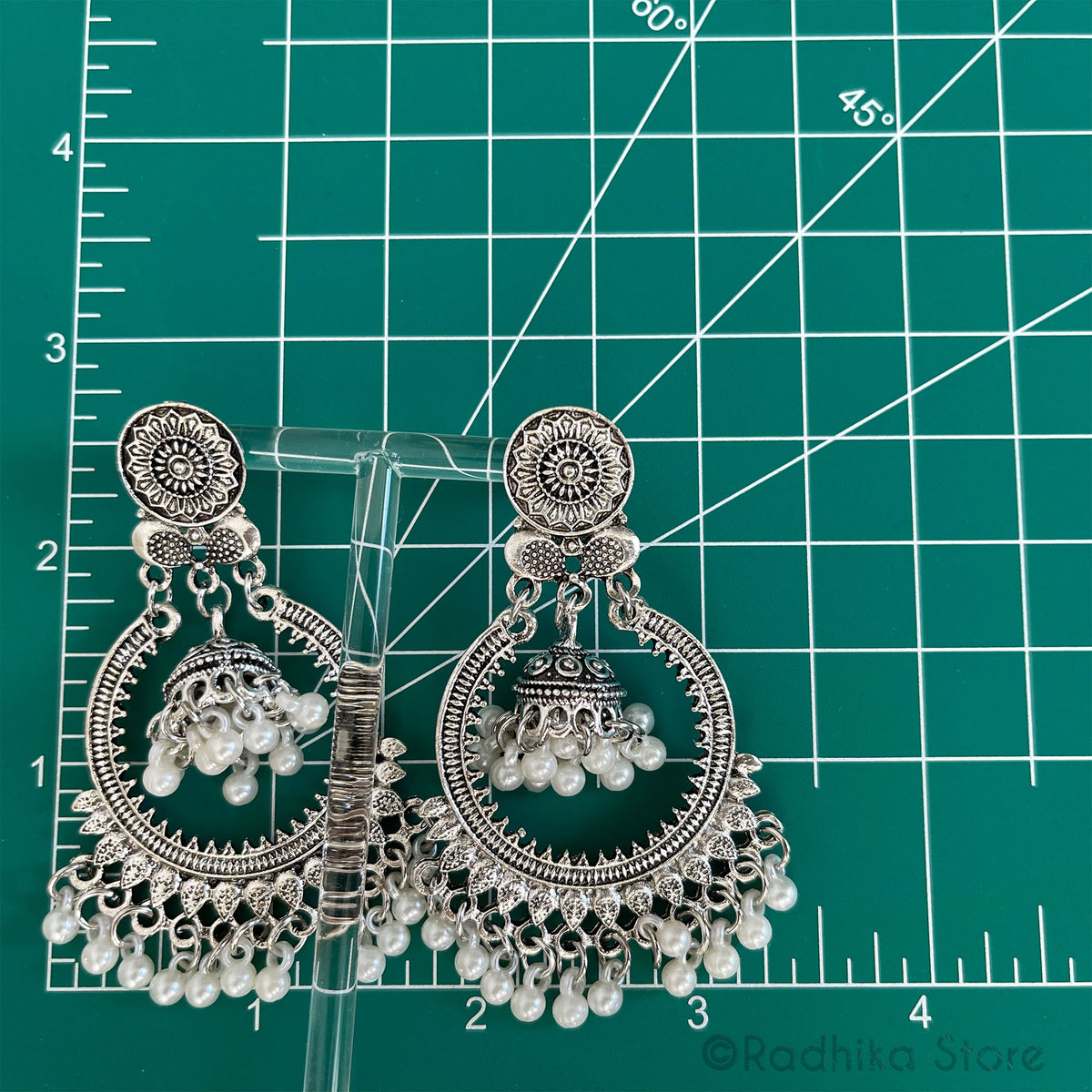 Silver Sunflower Chakra Pearl Jhumka - Earrings