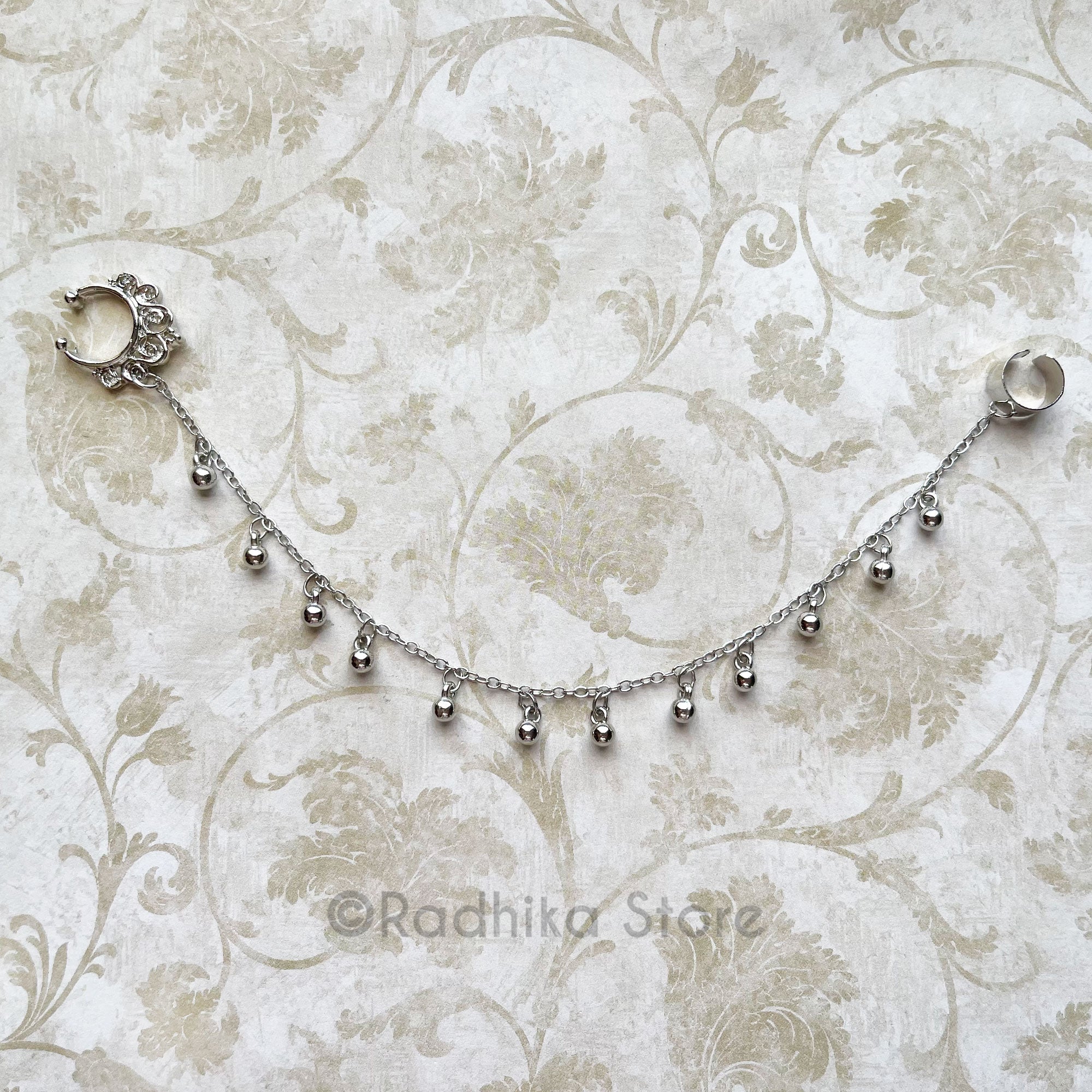 Silver Color Nose Ring and Chain- Size 7.5 Inch Inch