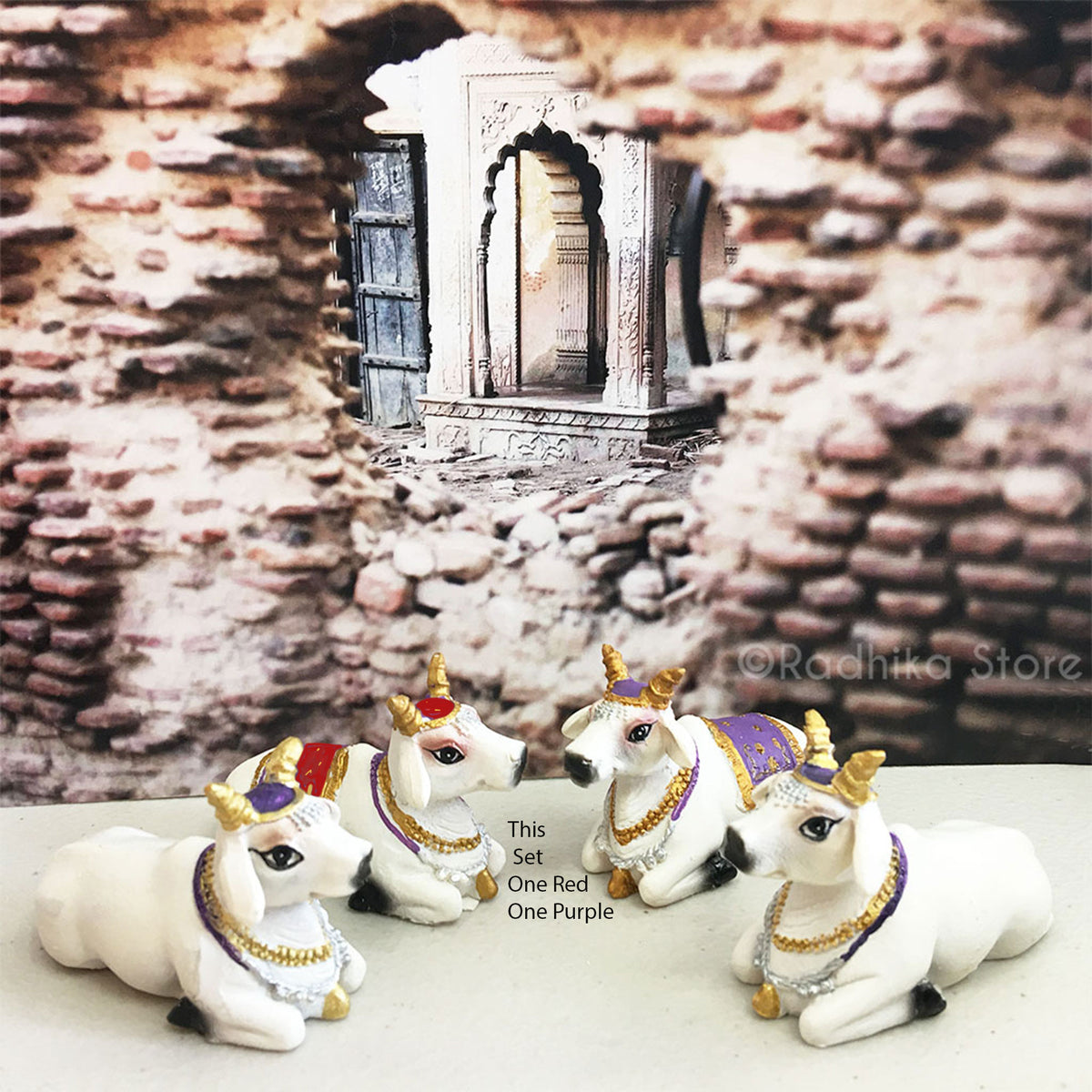 Small Surabhi Altar Cows One Red and one Purple Set  Sitting 2&quot; Inches