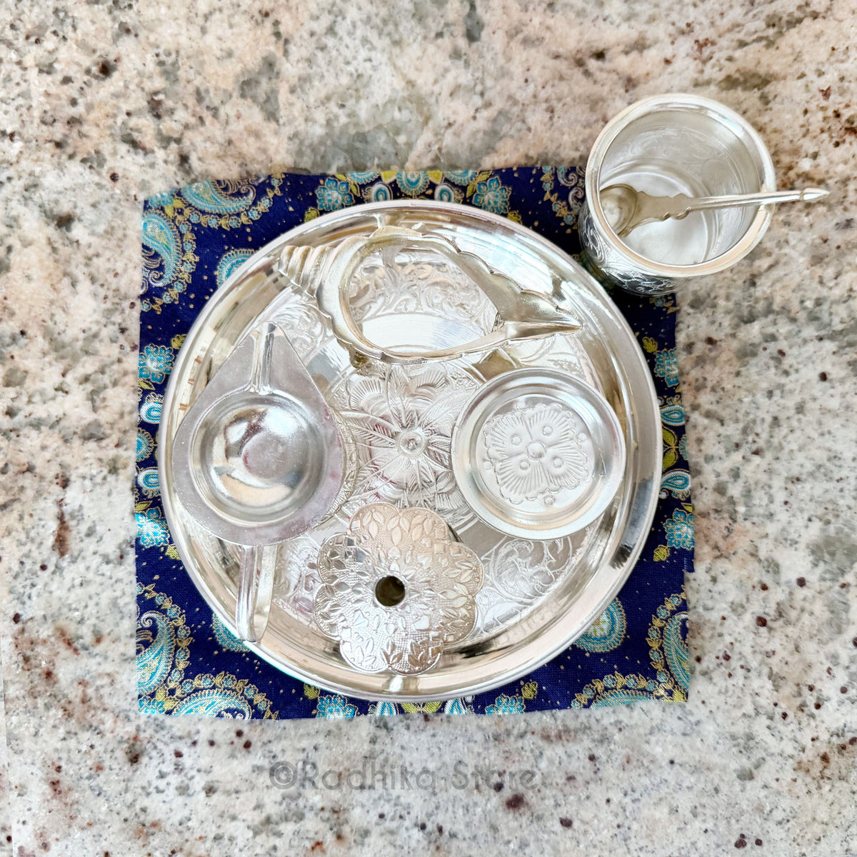 Exquisite Silver Arati Tray Complete Set - 5" Inch Mini Set