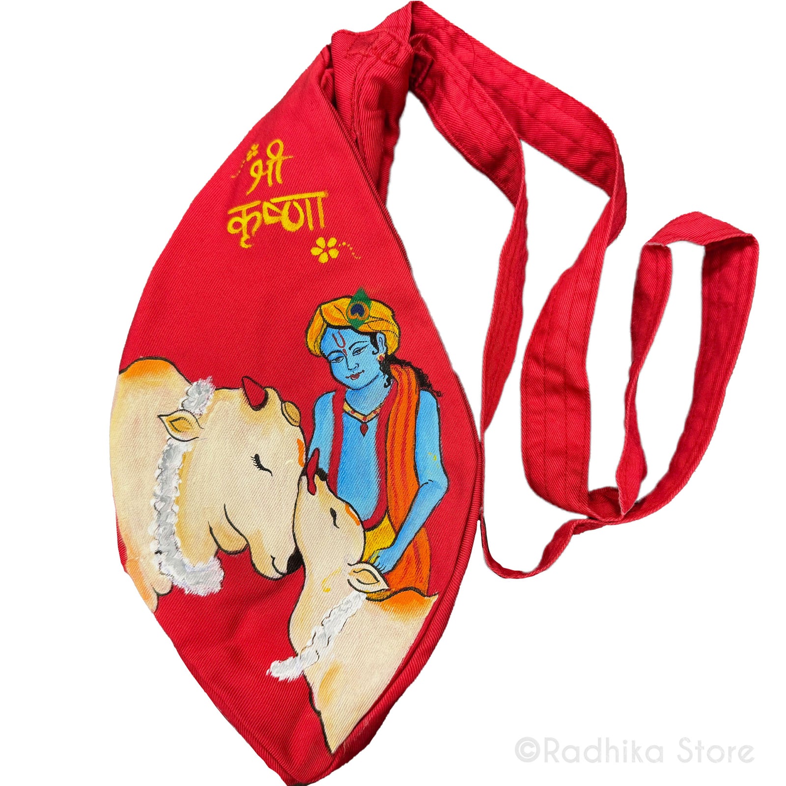 Sri Krishna Sanskrit - Hand Painted - Bright Red -Thick Cotton -Bead Bag