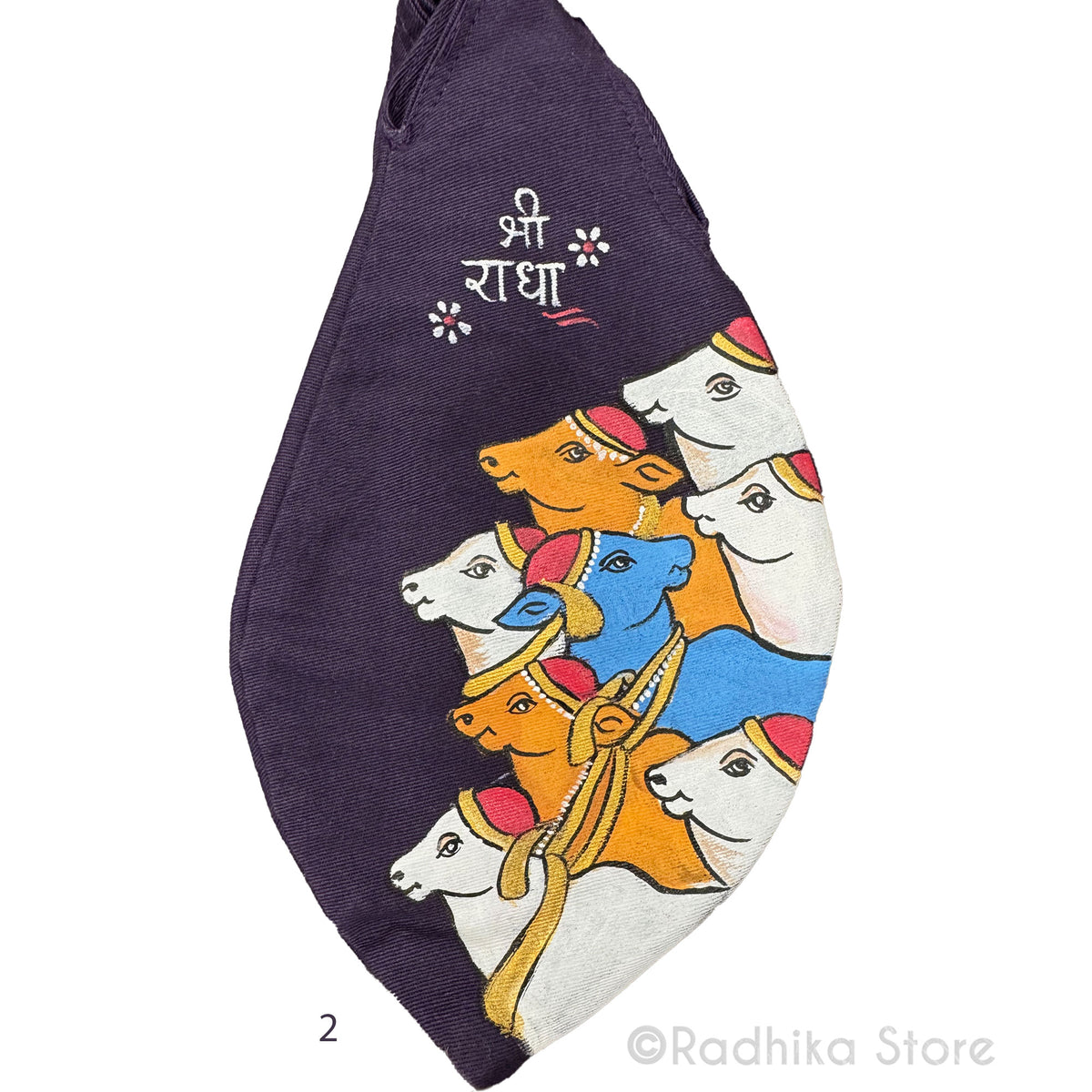Sri Radha Vrindavan Cows- Hand Painted -Dark Purple-Thick Cotton -Bead Bag