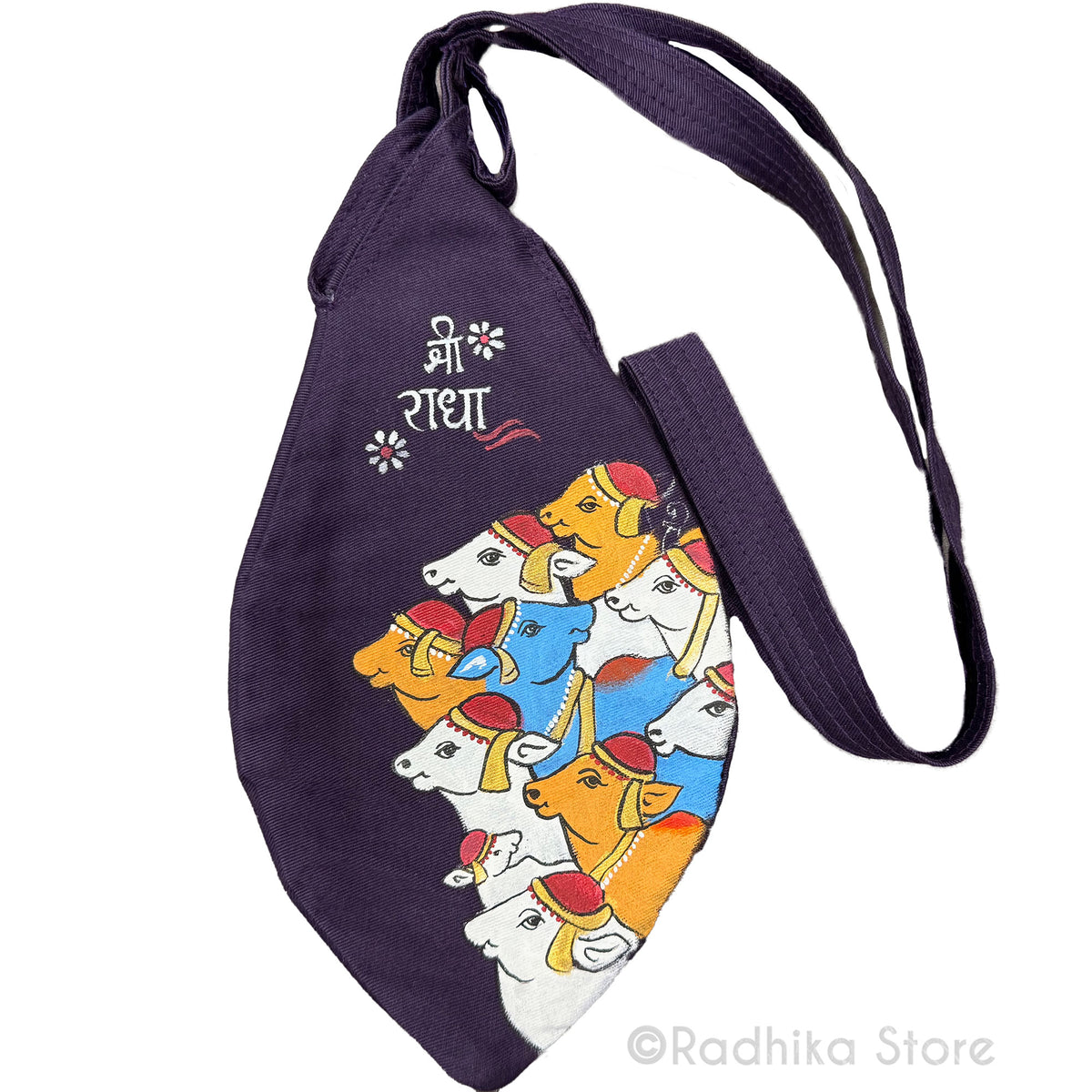 Sri Radha Vrindavan Cows- Hand Painted -Dark Purple-Thick Cotton -Bead Bag