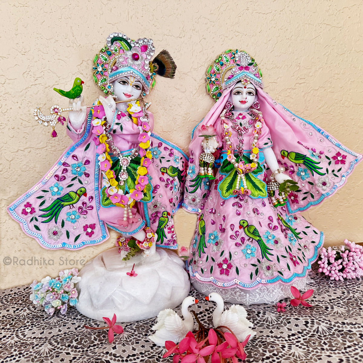 Vrinda’s Parrots - Baby Pink and Blue - Silk - Radha Krishna Deity Outfit