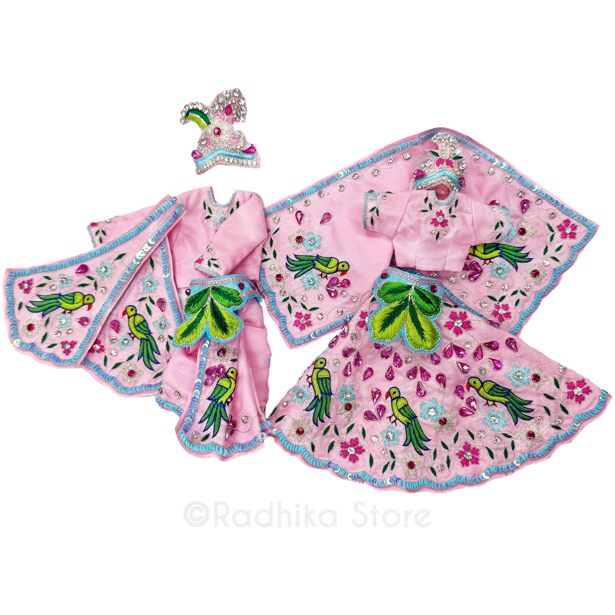 Vrinda’s Parrots - Baby Pink and Blue - Silk - Radha Krishna Deity Outfit