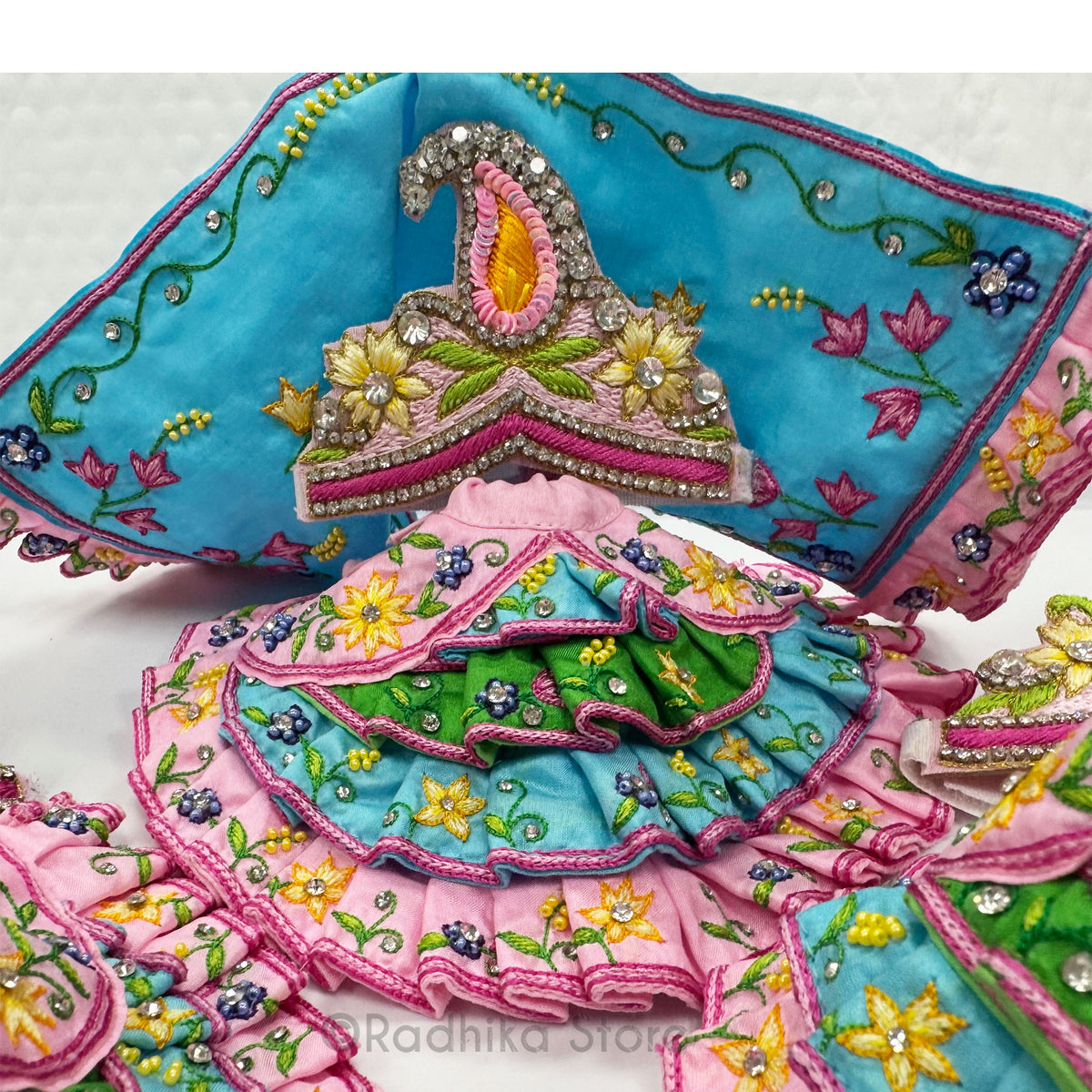 Madhurya Lila - Pink Blue and Green - Silk - Jagannath Baladeva Subhadra Deity Outfit