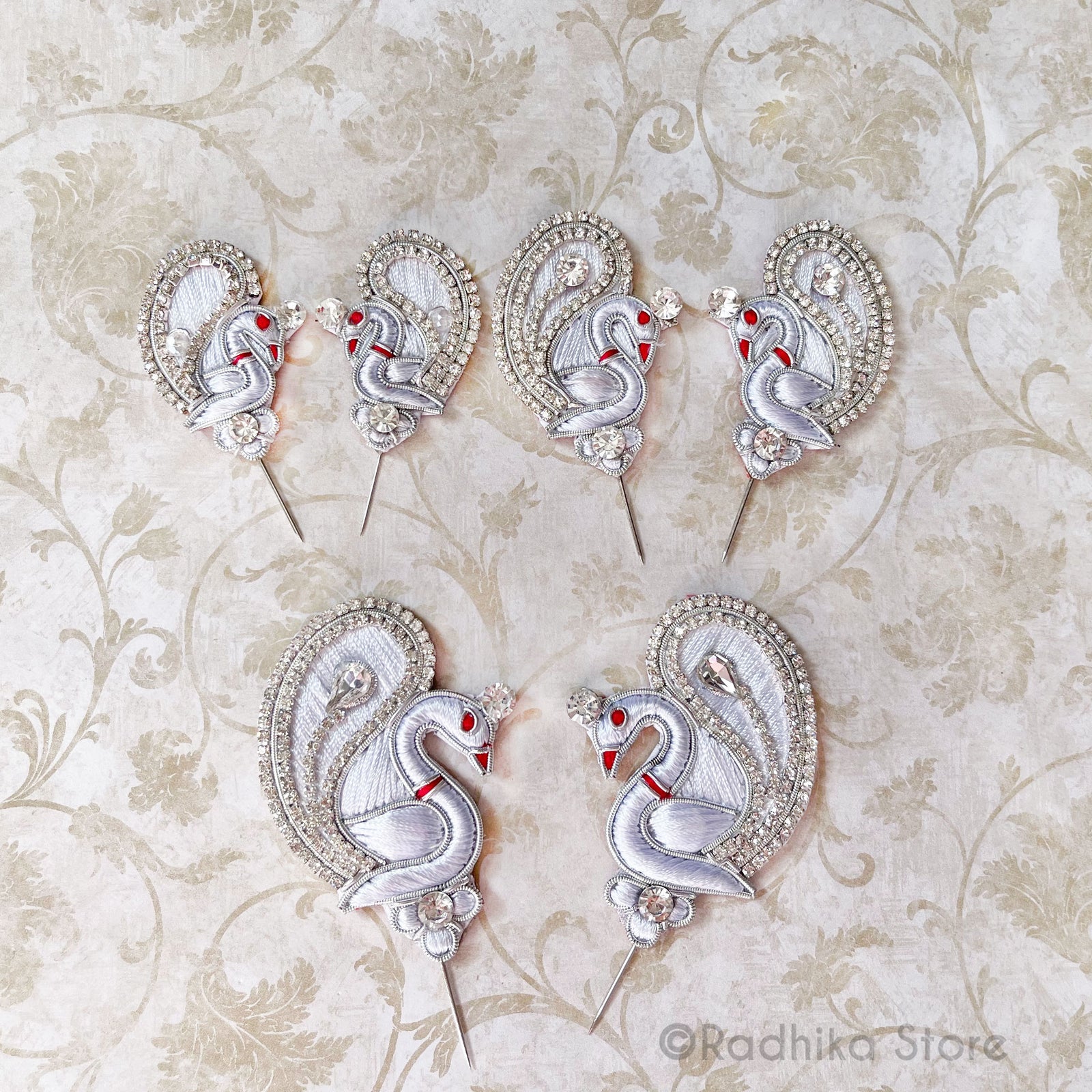Silver Adorning Peacocks with Jeweled Head - Embroidery Turban Pins - Set of 2