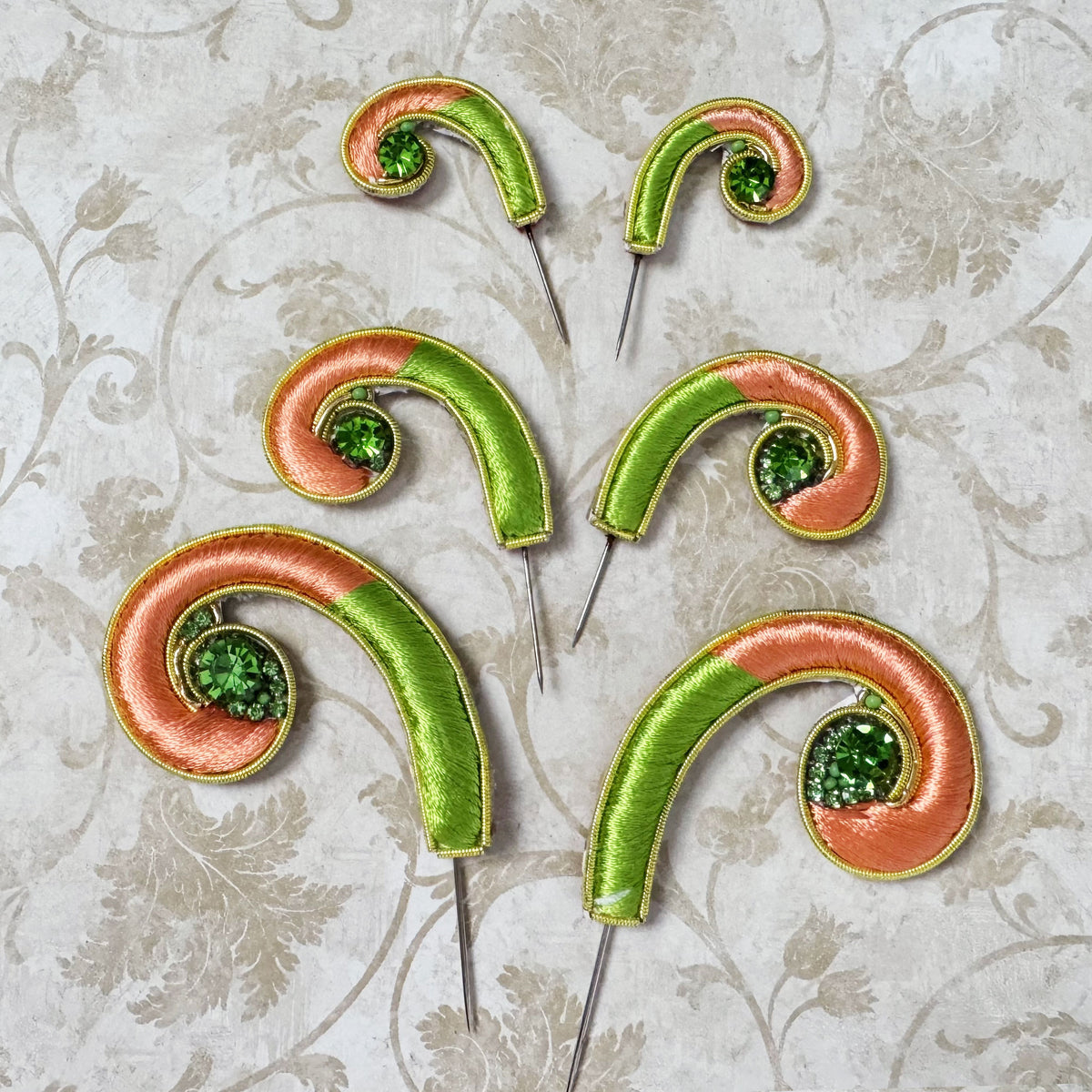 Mayapur Curls - Tangerine and Green - Embroidery Turban Pins - Set of 2