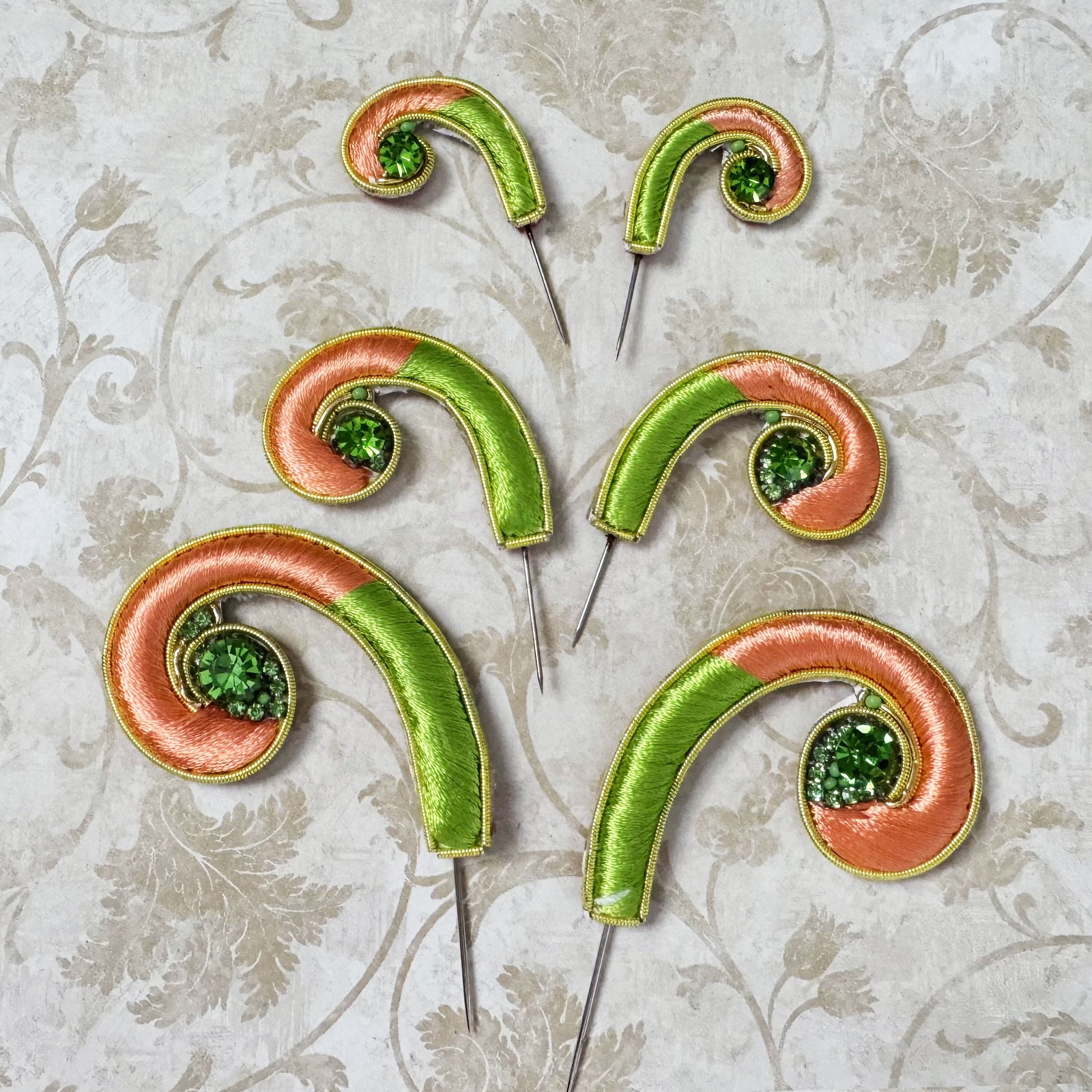 Mayapur Curls - Tangerine and Green - Embroidery Turban Pins - Set of 2
