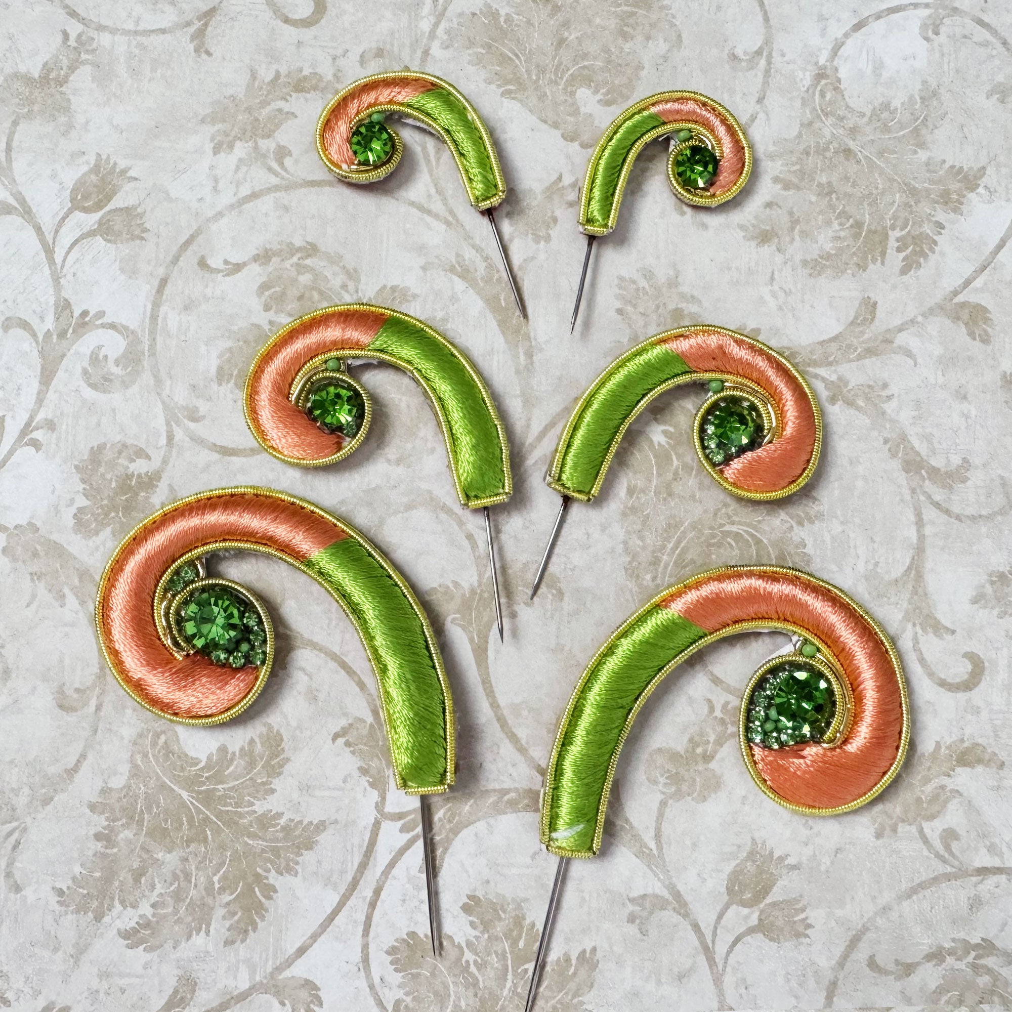 Mayapur Curls - Tangerine and Green - Embroidery Turban Pins - Set of 2