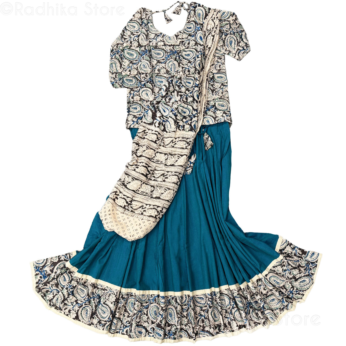 Ganga Paisley -  Teal Cotton Screen Print- Gopi Skirt With Chadar  and Kurti - S-M-L