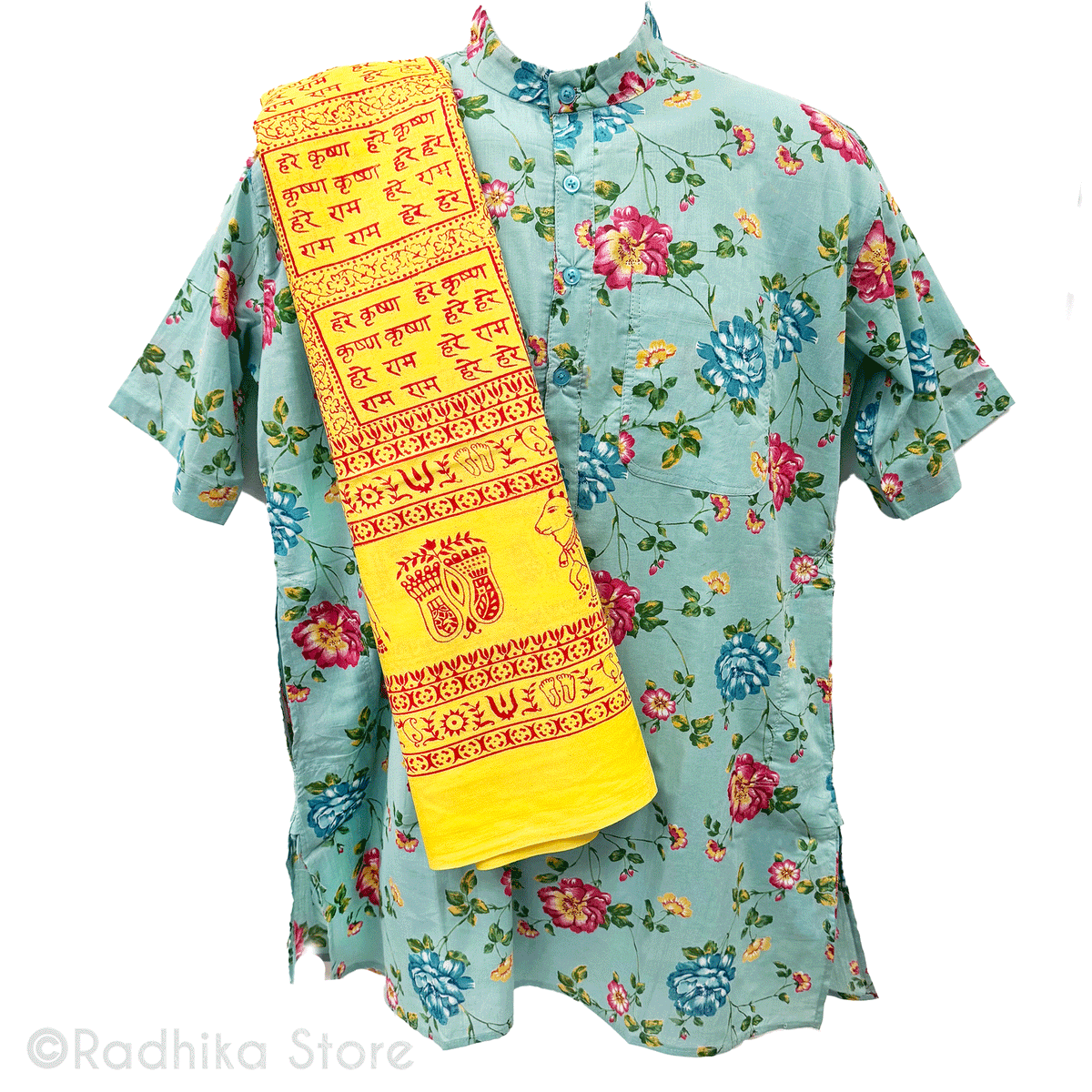 Sea Green With Flowers -  Cotton Kurtas - S-M-L