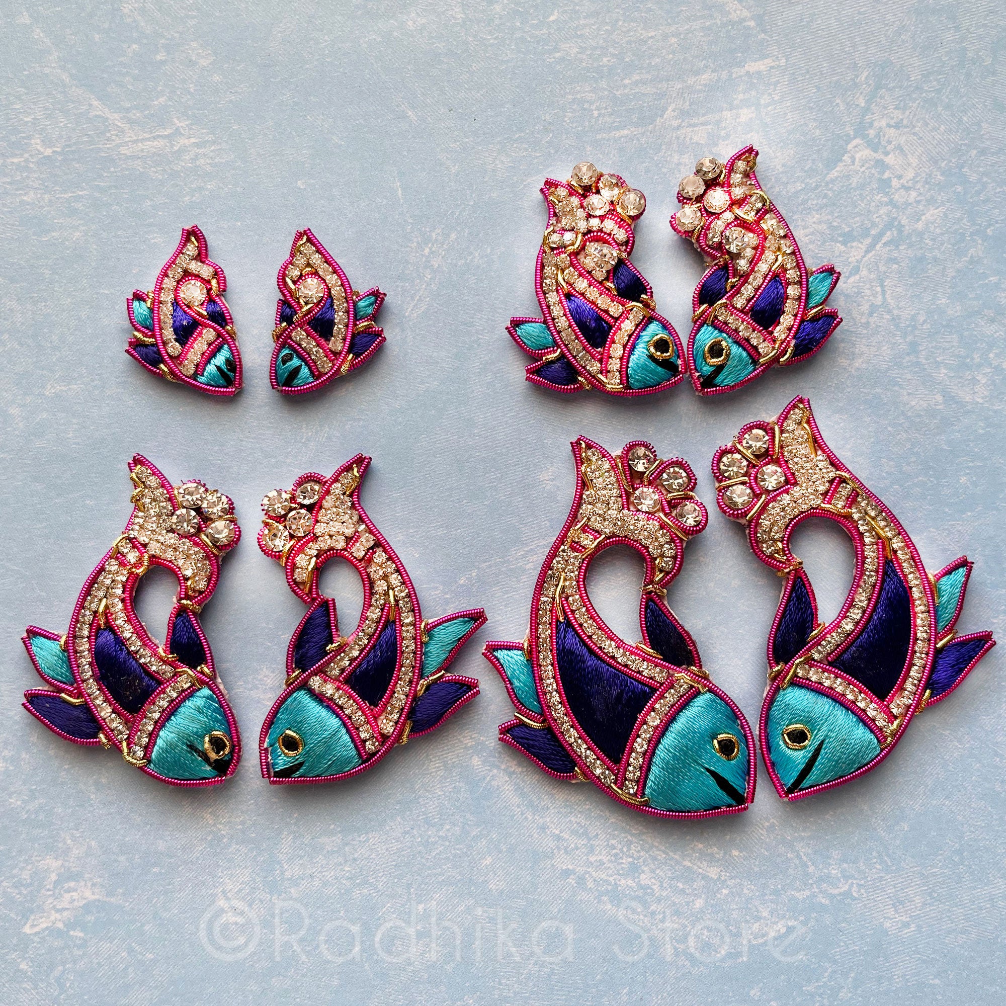 Purple Teal Pink - Matsya Embroidery - Set of 2 Turban Pins/Earrings