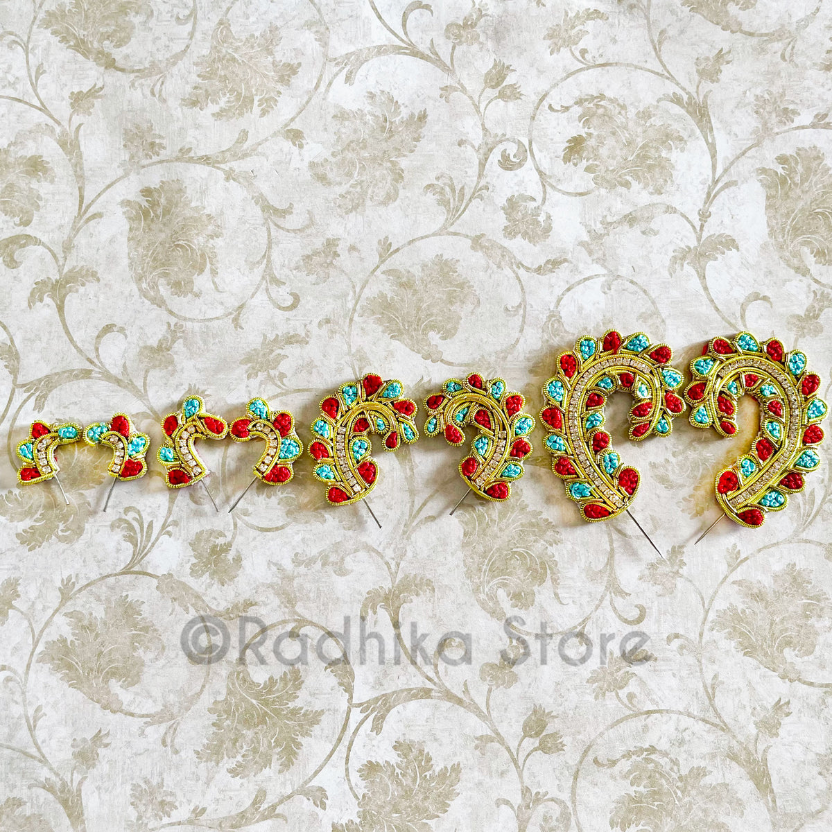 Teal and Red Vrindavan Swirls Embroidery- Set of 2 Turban Pins