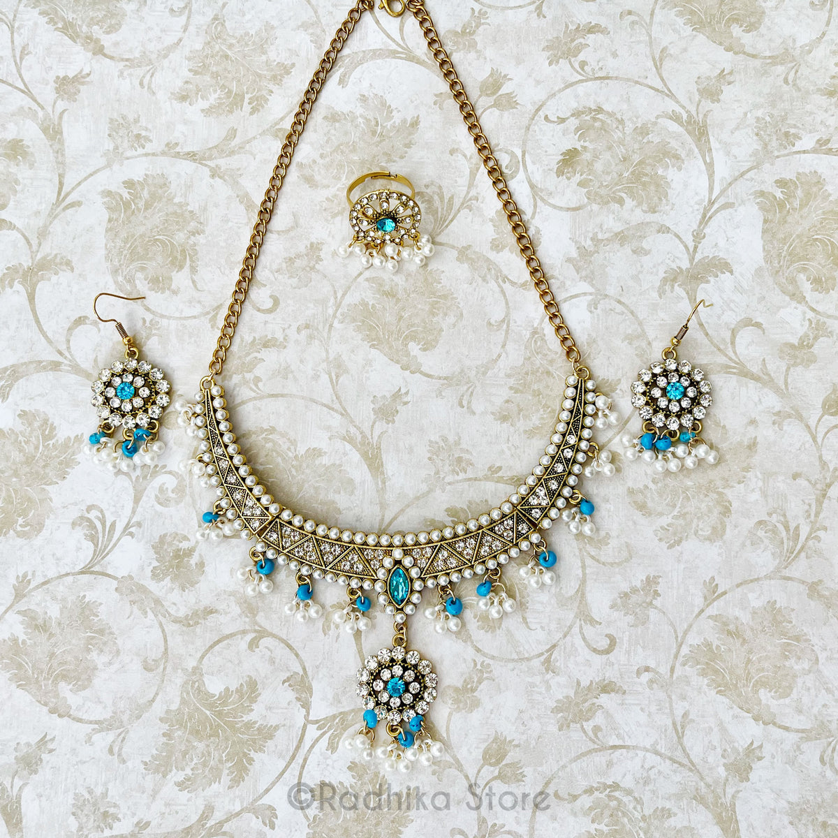 Pearl Jhumka - Deity Necklace Set - Teal or Red