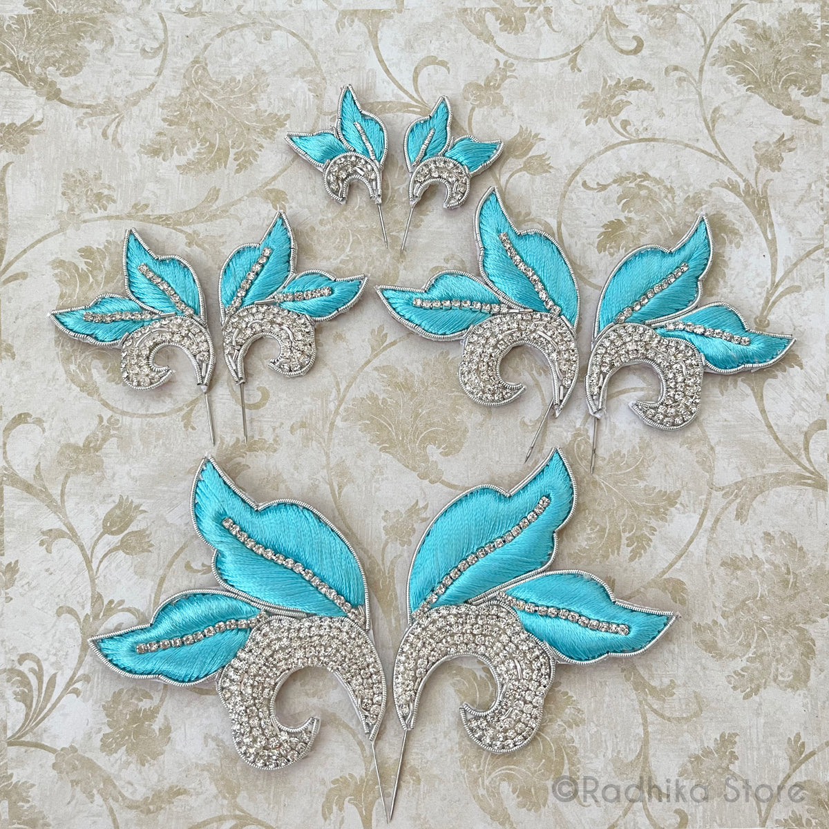 Teal Blue with Silver Embroidery Turban Pins - Leaf Curls - Set of 2