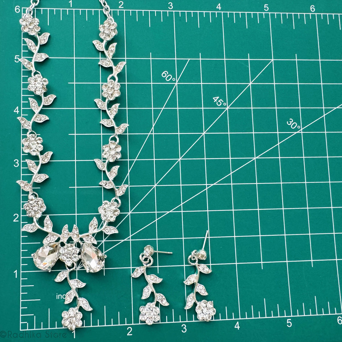 Crystal-Teardrop Vrindavan Flower Vine- Deity Necklace And Earring Set