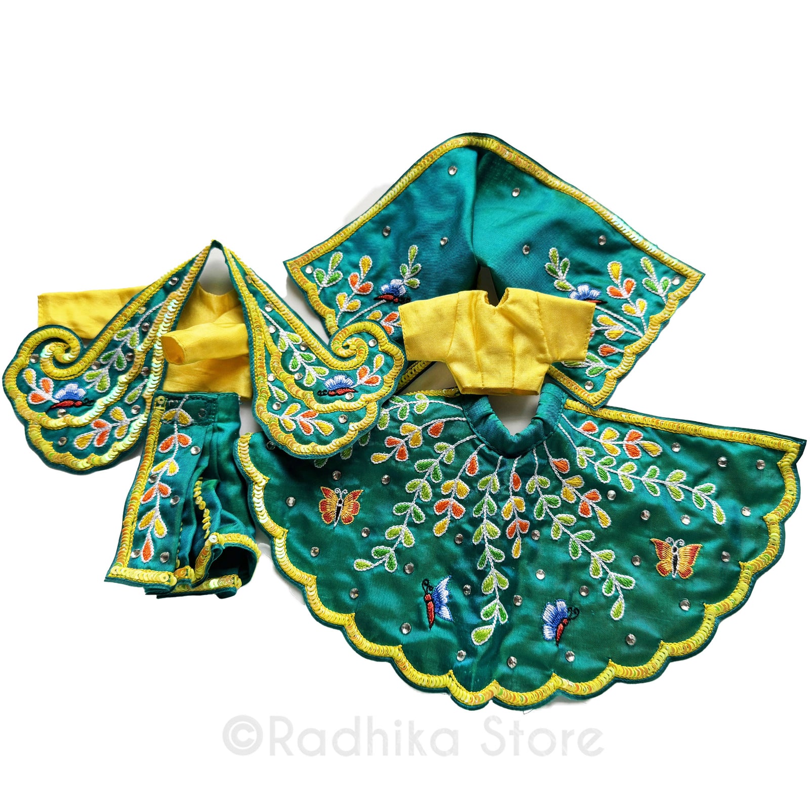 Ter Kadamba Butterflies - Teal Green and Yellow - Silk - Radha Krishna Deity Outfit