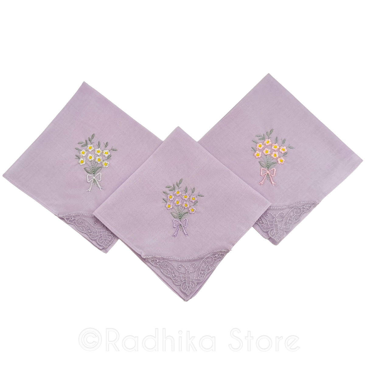 Tiny Vrindavan Flowers Bouquet Embroidery - Lavender Lace Butterfly -  Deity Napkins- Set Of 3