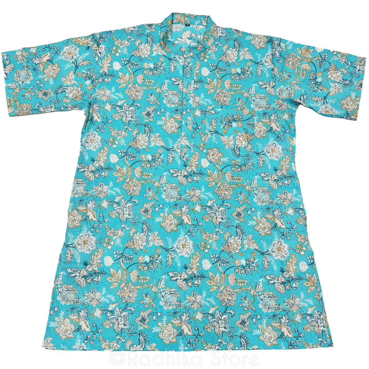 Tropical Ganga Flowers - Blue Cotton Kurtas - S-M-L