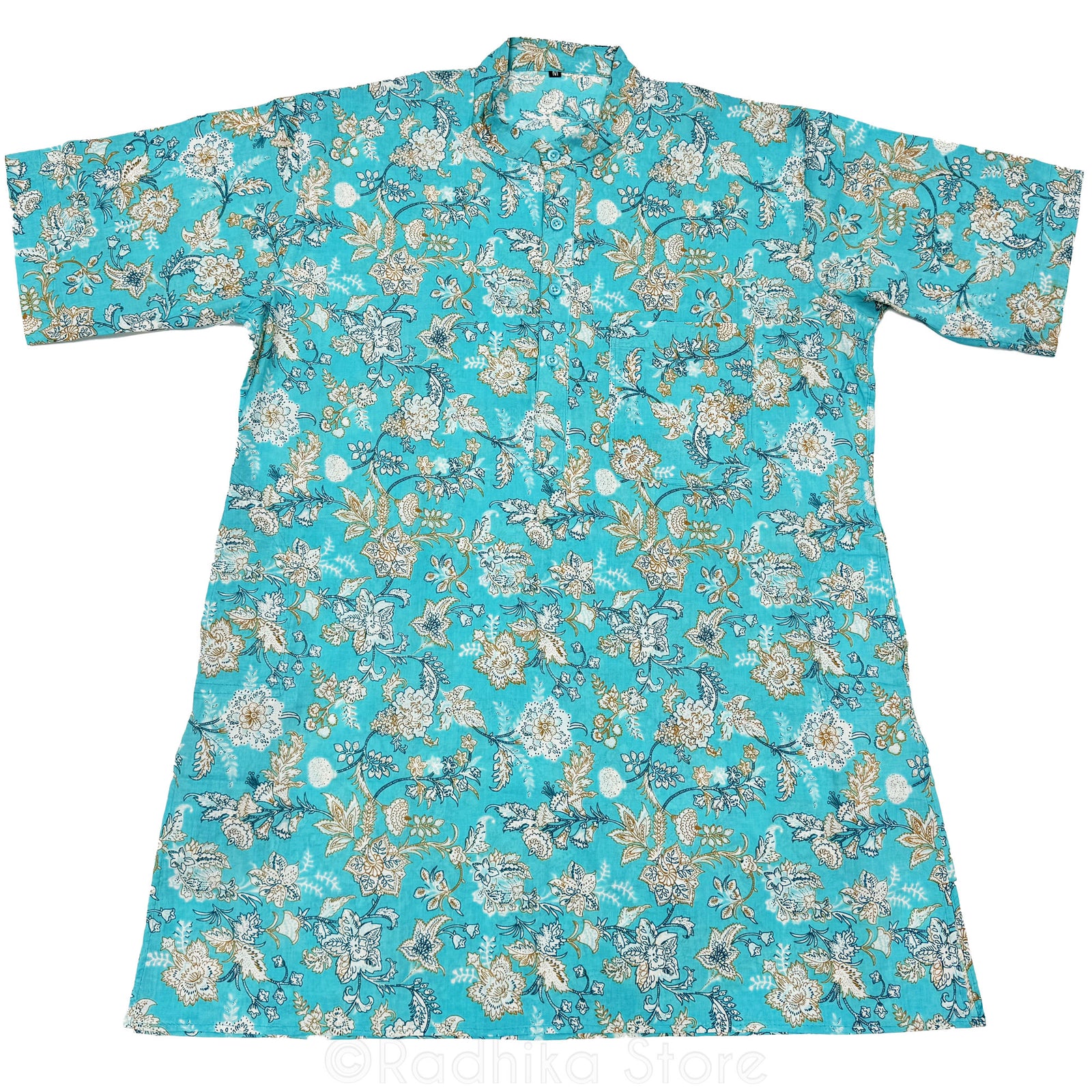 Tropical Ganga Flowers - Blue Cotton Kurtas - S-M-L