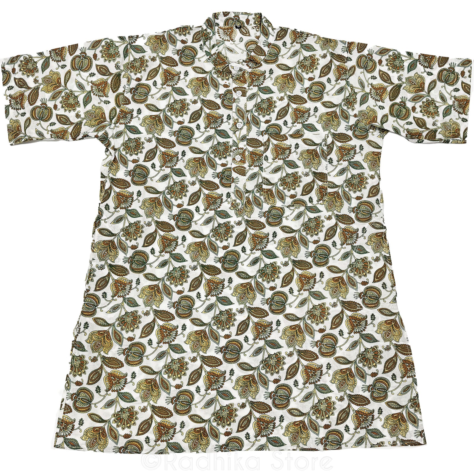 Tropical Mayapur Flowers - White and Beige-  Cotton Kurtas - S-M-L