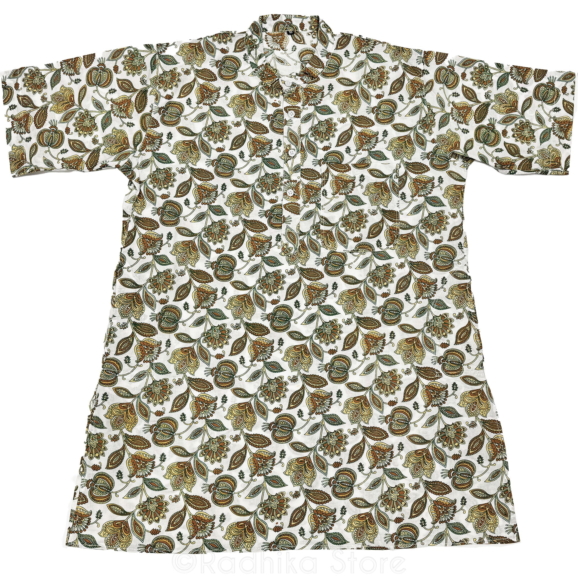 Tropical Mayapur Flowers - White and Beige-  Cotton Kurtas - S-M-L
