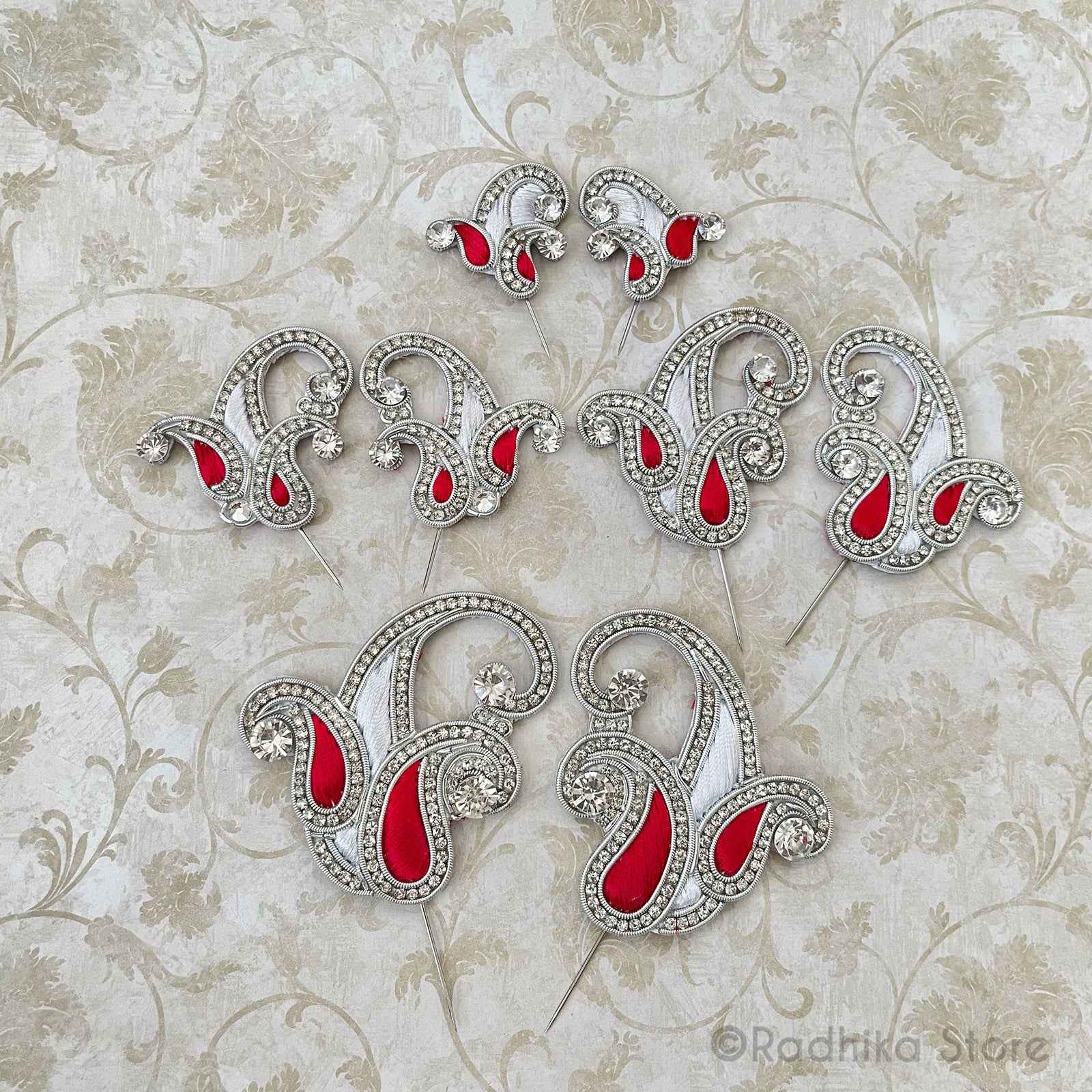 Red with Silver Embroidery Turban Pins - Vrindavan Chandrikas - Set of 2