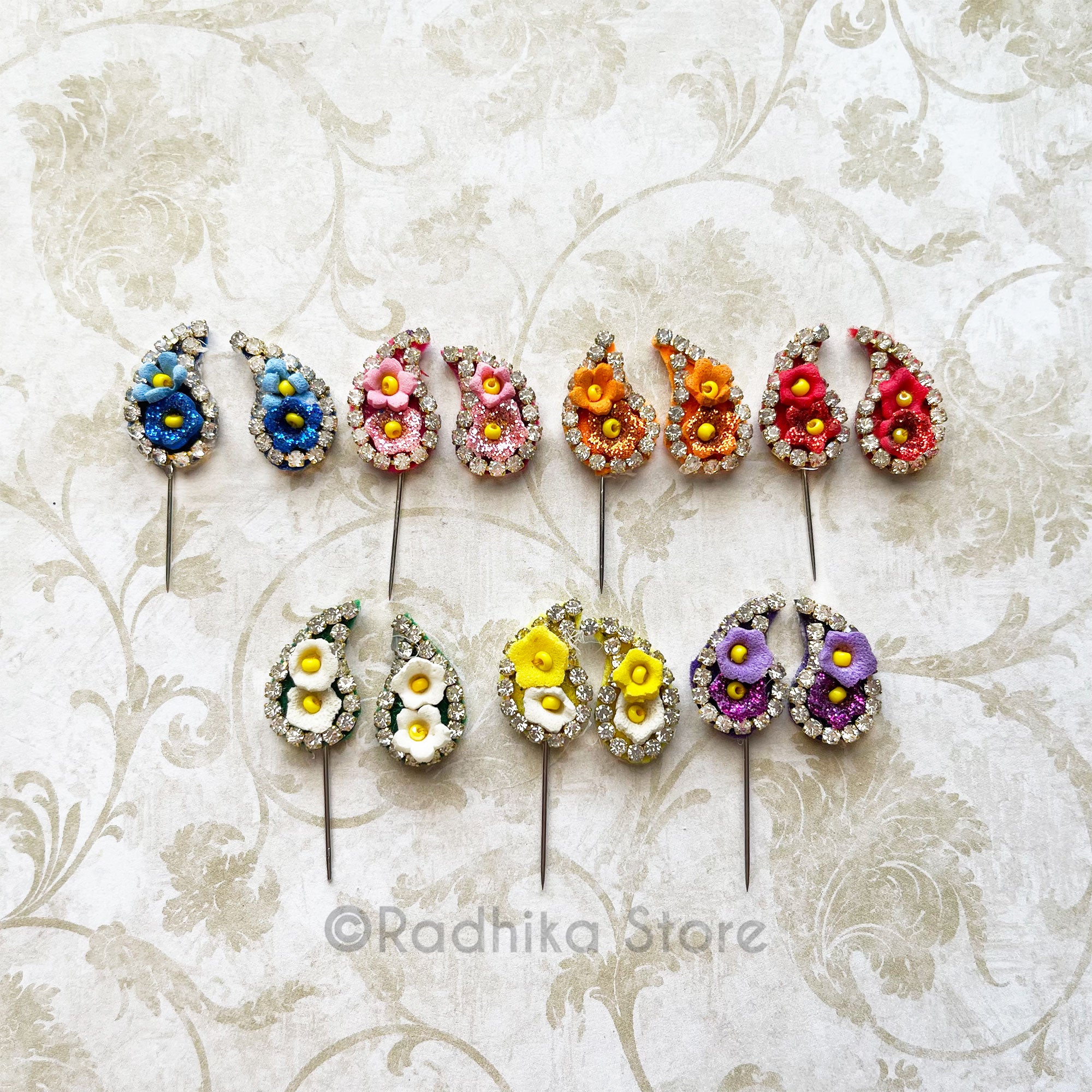 Vrindavan Flower-Tiny Turban Pin With Chandrika - Set of 2 - Choose Color