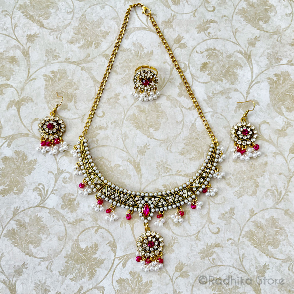 Pearl Jhumka - Deity Necklace Set - Pinks