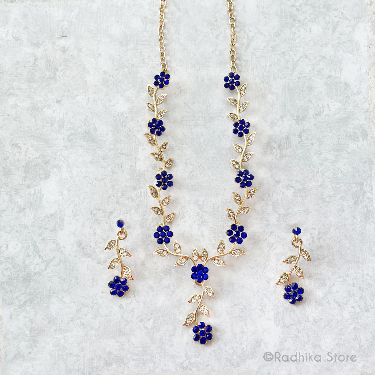 Vrindavan Flower Vine- Rhinestone Deity Necklace And Earring Set-Ruby-Emerald-Sapphire