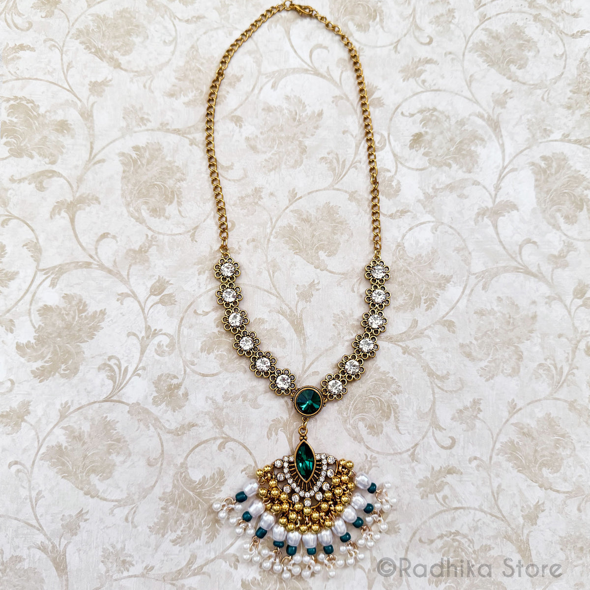 Pearl Jumka - Gold and Emerald Necklace And Earring Set