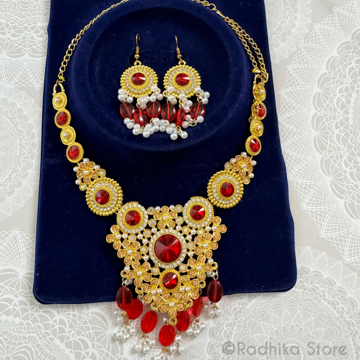 Vedic Style With Vrindavan Flowers-Gold With Red Crystals and Pearls-Necklace And Earring Set