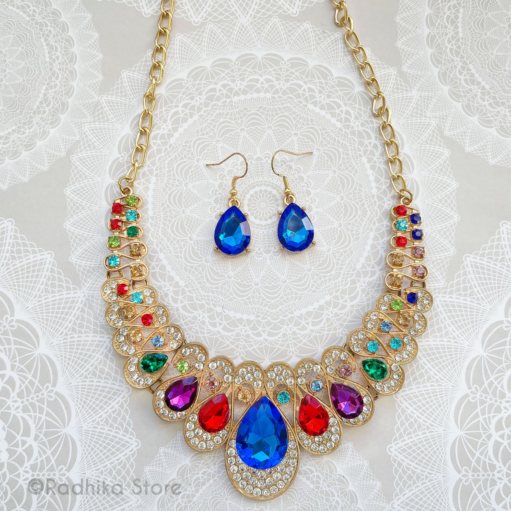 Multi Color Crystal Teardrops - Deity Collar Necklace and Earring Set